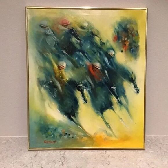 Armand Lourenco Oil Painting on Canvas of Horse Race signed framed - Picture 3 of 16